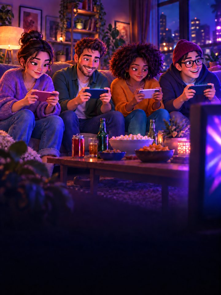 Друзья играют в Party Games с телефонами на домашней вечеринке