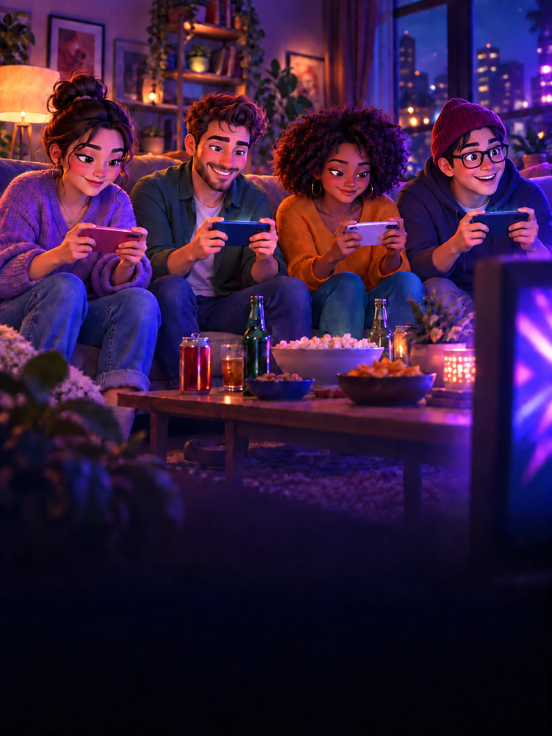 Друзья играют в Party Games с телефонами на домашней вечеринке